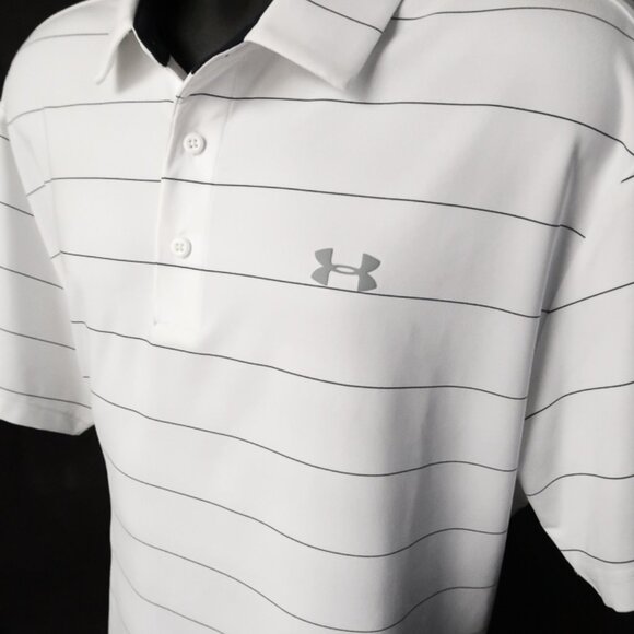 Under Armour Bright White Blue Pin-Striped Polo (XL) OMG! ⛳️ - Picture 7 of 9